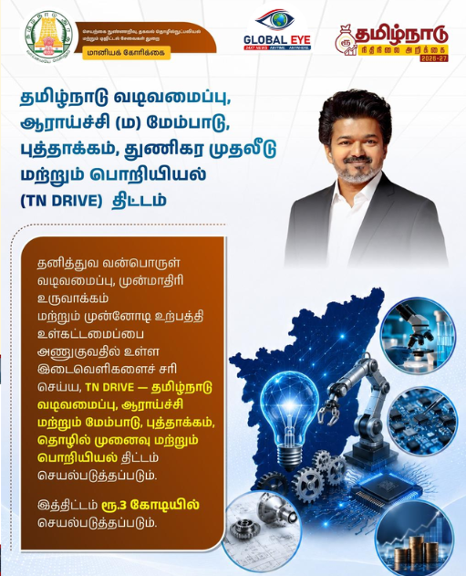 தமிழ்நாடு TN DRIVE திட்டம்! ரூ.3 கோடியில் வடிவமைப்பு, ஆராய்ச்சி மற்றும் பொறியியல் புதுமைத் திட்டம் அறிமுகம்!