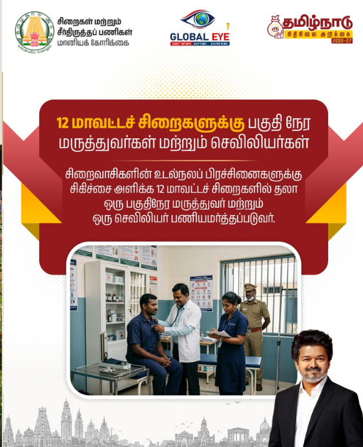 சிறைவாசிகளின் உடல்நலனில் அதிக அக்கறை! 12 மாவட்டச் சிறைகளில் பகுதிநேர மருத்துவர்கள் & செவிலியர்கள் நியமனம்!