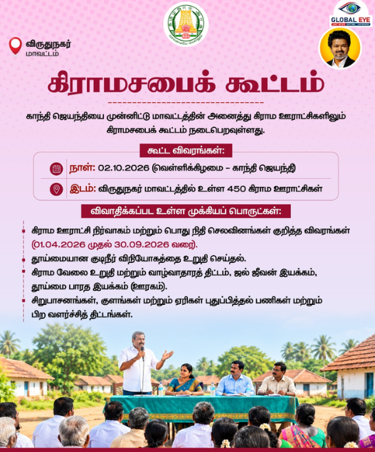 “காந்தி ஜெயந்தியை முன்னிட்டு கிராமசபைக் கூட்டம்!” – விருதுநகர் மாவட்டத்தின் 450 கிராம ஊராட்சிகளிலும் நடைபெறவுள்ளது!
