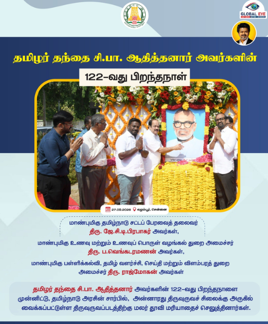தமிழர் தந்தை சி.பா. ஆதித்தனாரின் 122-வது பிறந்தநாள்: அரசு சார்பில் சபாநாயகர், அமைச்சர்கள் மலர்தூவி மரியாதை! 🙏✨