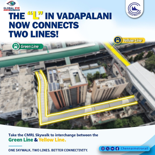 சென்னைப் போக்குவரத்தில் புதிய மைல்கல்: பச்சை மற்றும் மஞ்சள் வழித்தடங்களை இணைக்கும் வடபழனி மெட்ரோவின் எல் வடிவ வான்வழி நடைபாதை திறப்பு