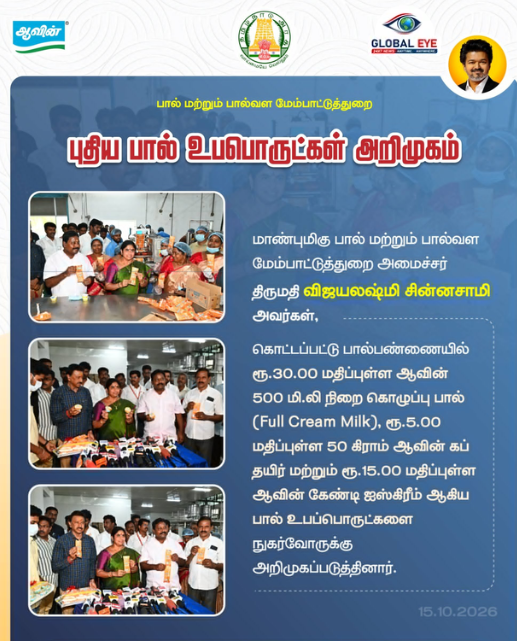புதிய ஆவின் பால் மற்றும் உபபொருட்கள் அறிமுகம்: கொட்டப்பட்டு பால்பண்ணையில் அமைச்சர் திருமதி விஜயலட்சுமி சின்னசாமி அவர்கள் தொடக்கி வைத்தார்!
