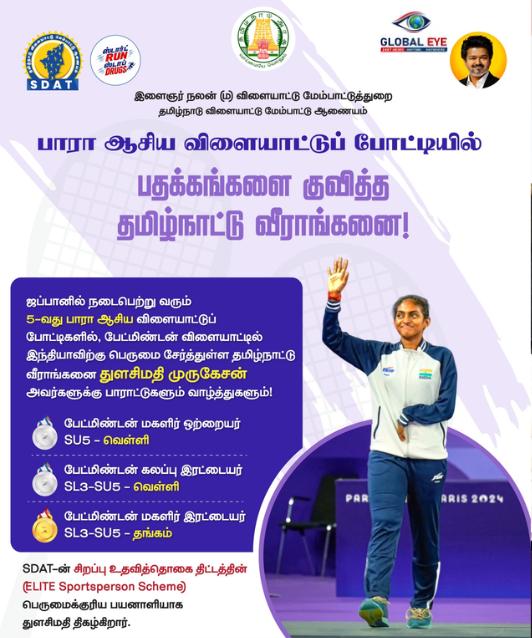 பார ஆசிய விளையாட்டுப் போட்டியில் சாதனை! – பதக்கங்களை வாரிக் குவித்துத் தமிழ்நாட்டிற்குப் பெருமை சேர்த்த வீராங்கனை துளசிமதி முருகேசன்!